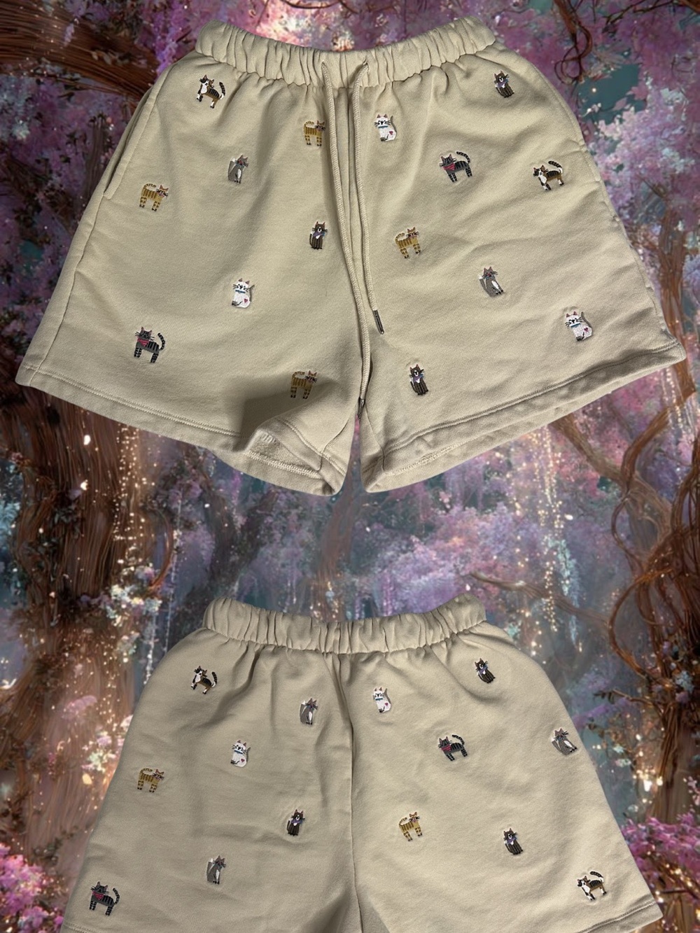 Beige Embroidered Cat Lounge Shorts